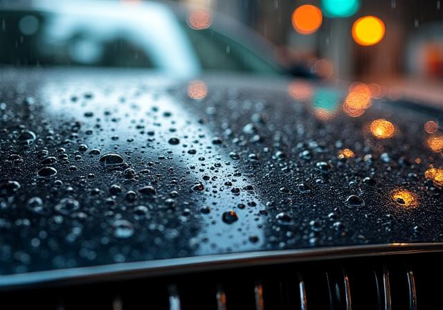 Rainwater beading on high-gloss car paint in Singapore weather