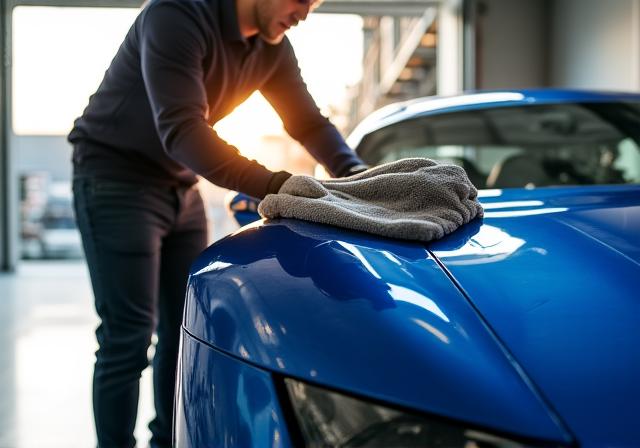 Owner gently drying a coated luxury vehicle with a microfiber towel
