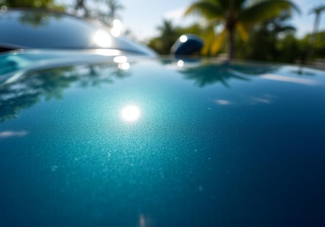 Close up of a glossy car hood reflecting the sun with ceramic protection