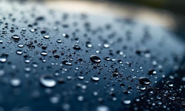 Close up of water beading on a ceramic coated car hood