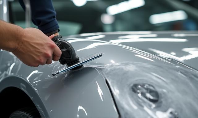 Professional technician applying clear paint protection film to a supercar