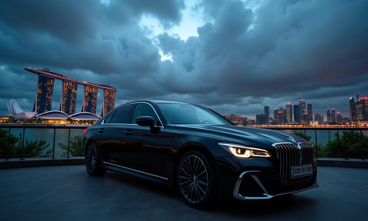 A luxury car parked against the Singapore skyline under dramatic tropical clouds