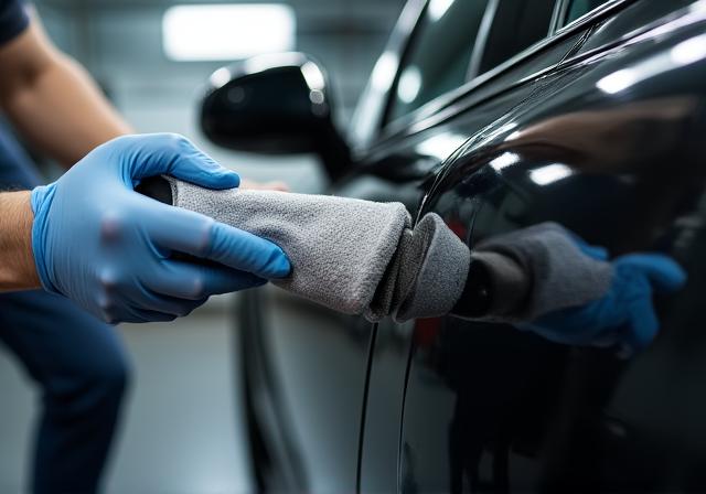 Technician applying ceramic coating to a car door